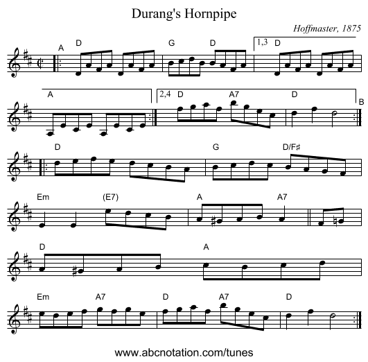 Durang's Hornpipe - staff notation