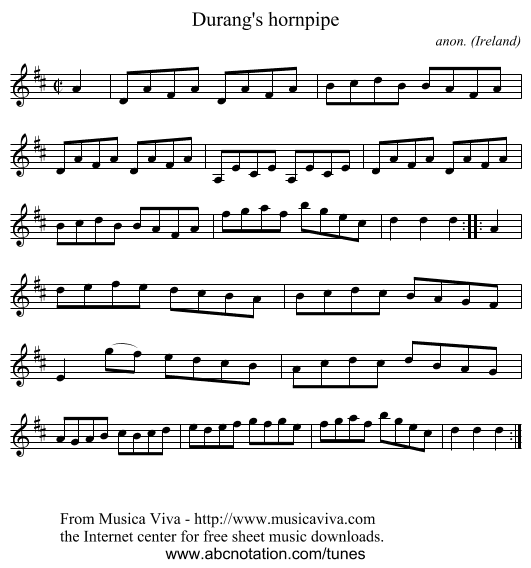 Durang's hornpipe - staff notation