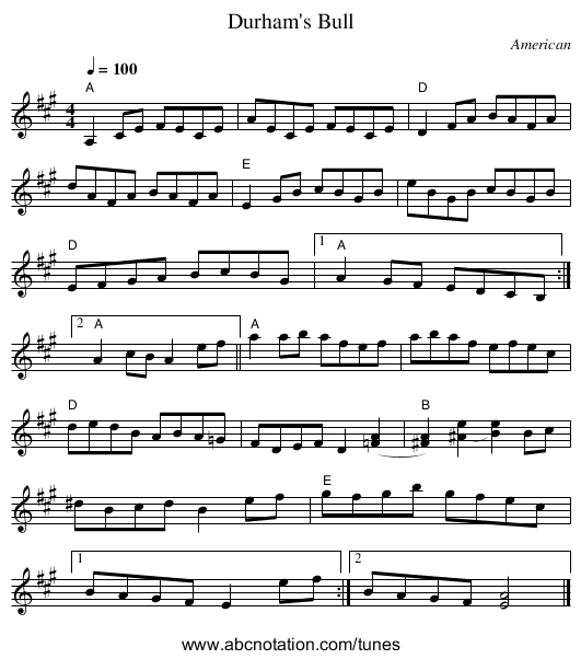 Durham's Bull - staff notation