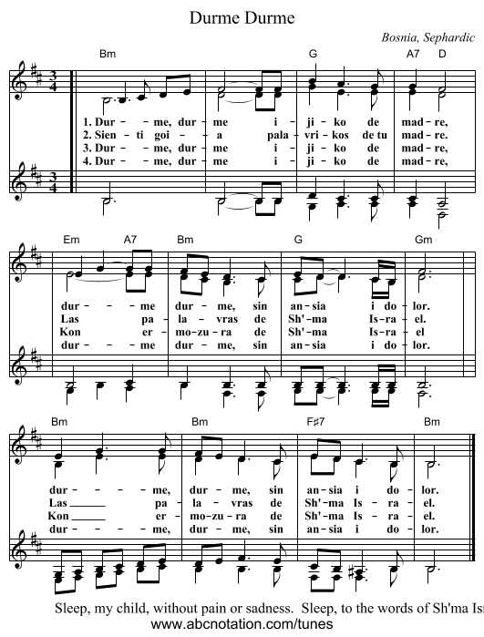 Durme, Durme - staff notation