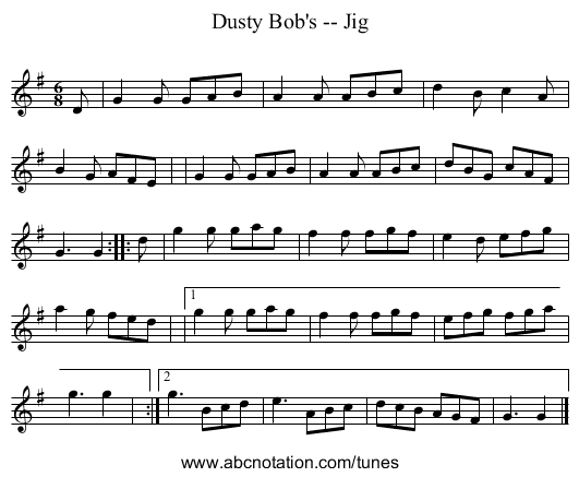 Dusty Bob's -- Jig - staff notation