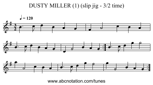 DUSTY MILLER (1) (slip jig - 3/2 time) - staff notation