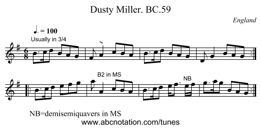 Dusty Miller. BC.59 - staff notation
