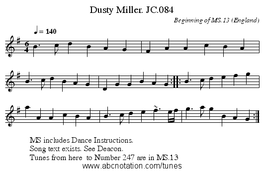 Dusty Miller. JC.084 - staff notation