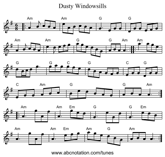 Dusty Windowsills - staff notation