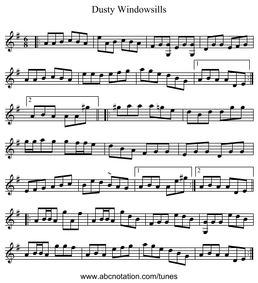 Dusty Windowsills - staff notation