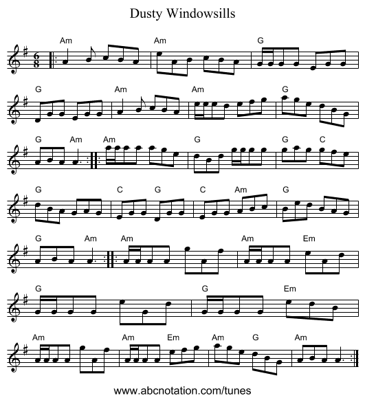 Dusty Windowsills - staff notation