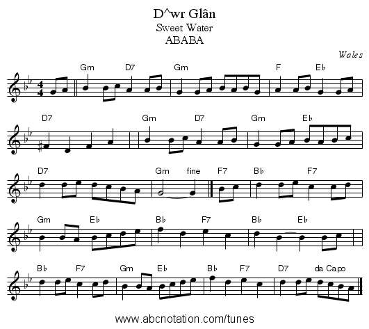 Dŵr Glân - staff notation