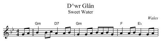 Dŵr Gl&acirc;n - staff notation
