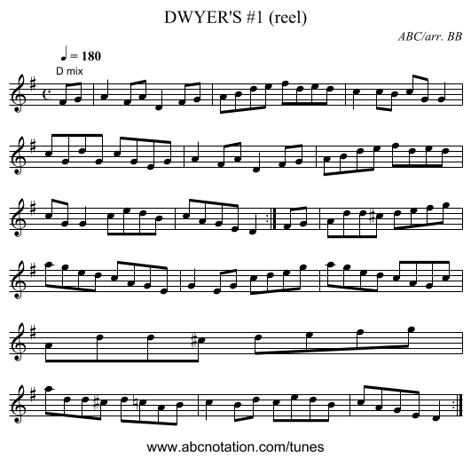 DWYER'S #1 (reel) - staff notation