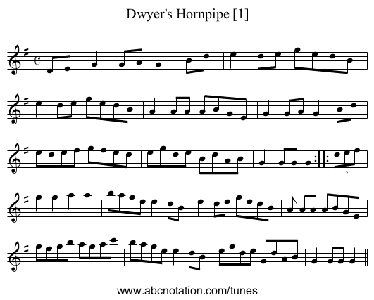 Dwyer's Hornpipe [1] - staff notation