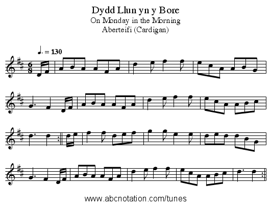 Dydd Llun yn y Bore - staff notation