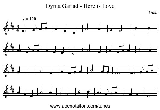 Dyma Gariad - Here is Love - staff notation