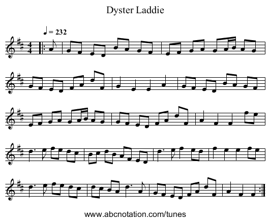 Dyster Laddie - staff notation