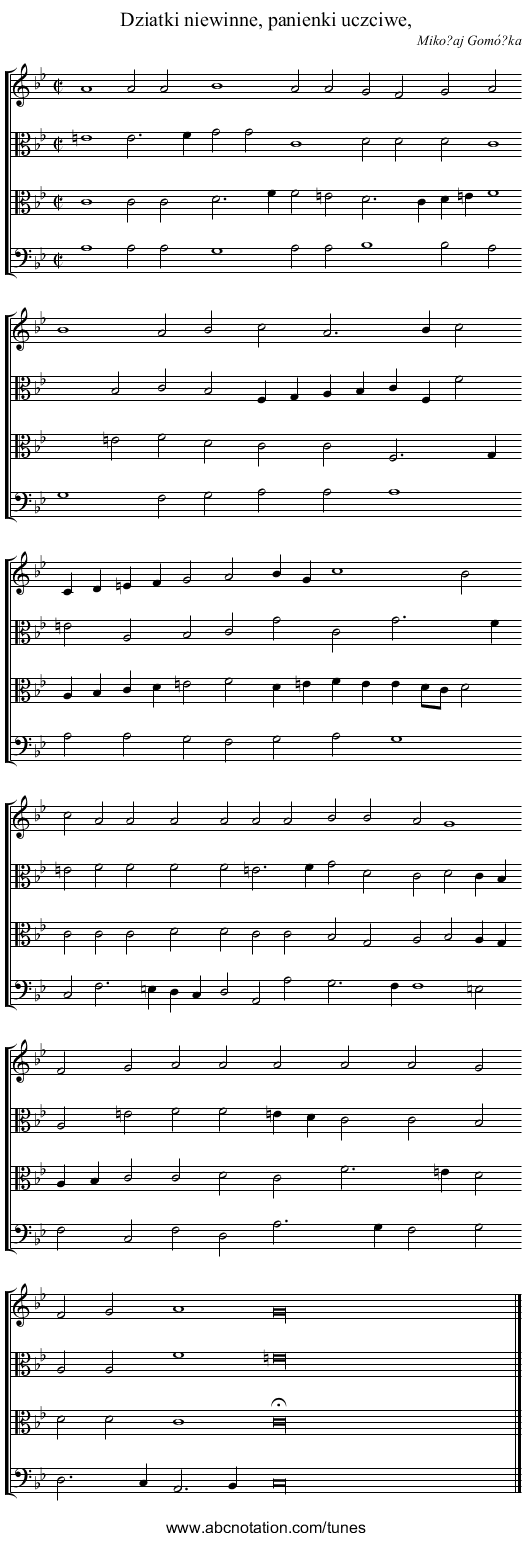 Dziatki niewinne, panienki uczciwe, - staff notation