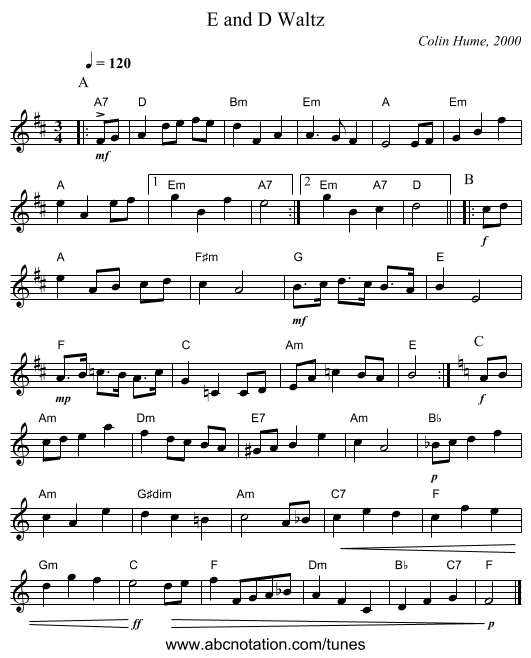 E and D Waltz - staff notation