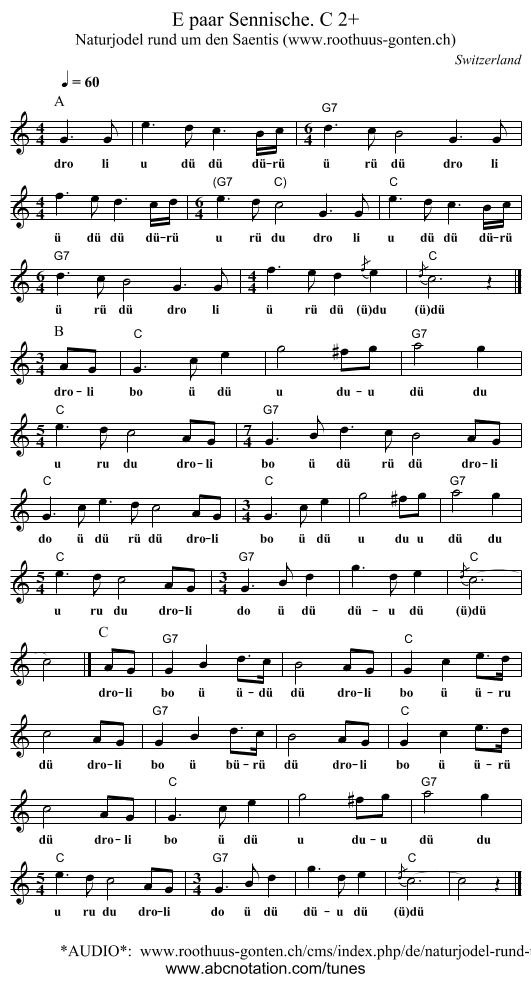 E paar Sennische. C 2+ - staff notation