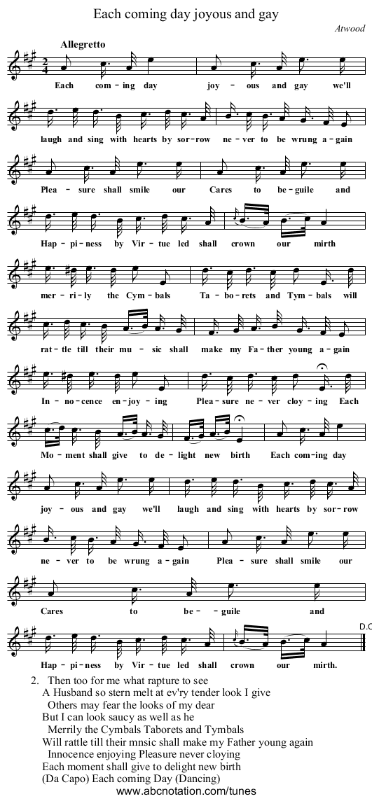 Each coming day joyous and gay - staff notation