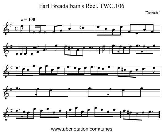Earl Breadalbain's Reel. TWC.106 - staff notation