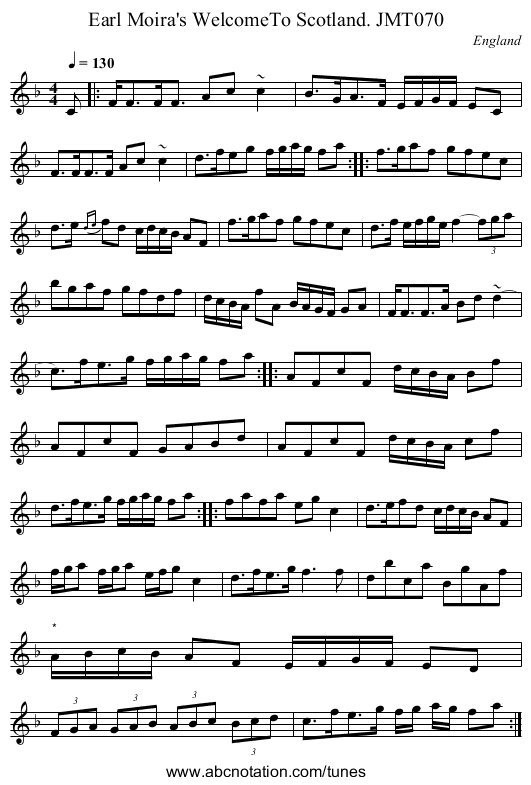 Earl Moira's WelcomeTo Scotland. JMT070 - staff notation
