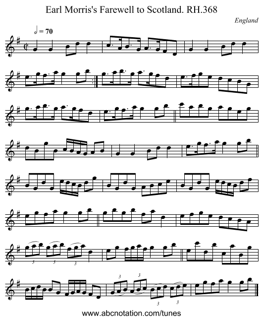 Earl Morris's Farewell to Scotland. RH.368 - staff notation