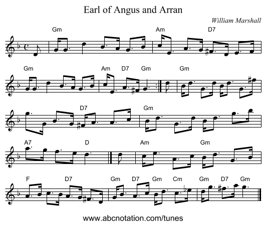 Earl of Angus and Arran - staff notation