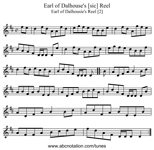 Earl of Dalhouse's [sic] Reel - staff notation