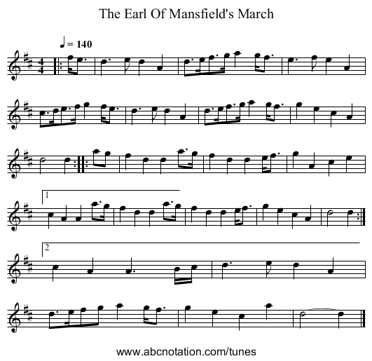 Earl Of Mansfield's March, The - staff notation
