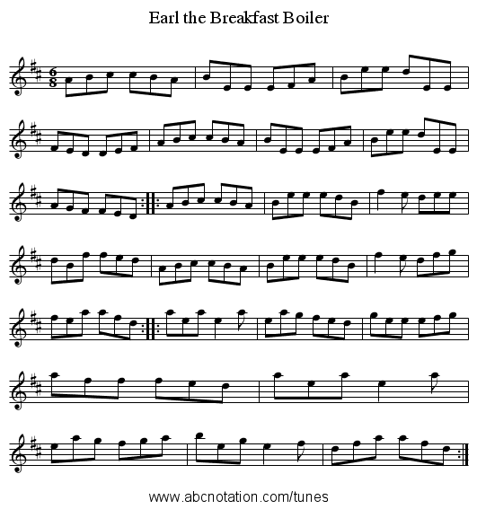 Earl the Breakfast Boiler - staff notation
