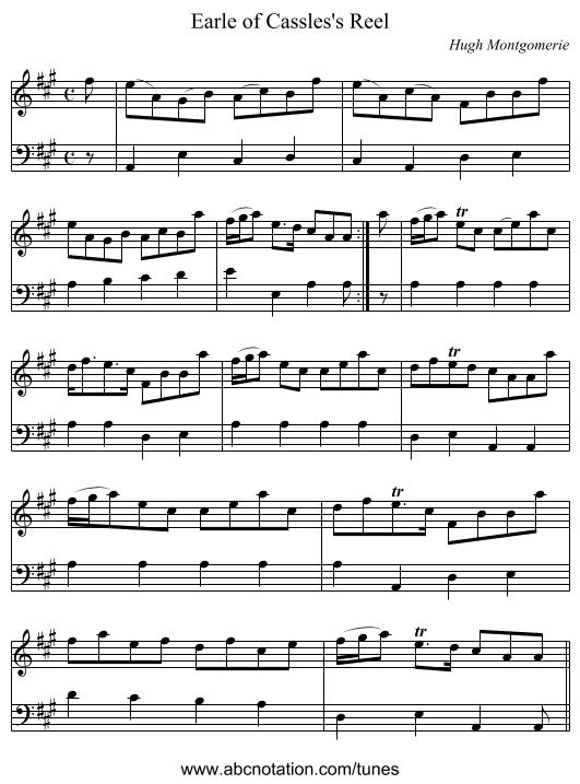 Earle of Cassles's Reel - staff notation