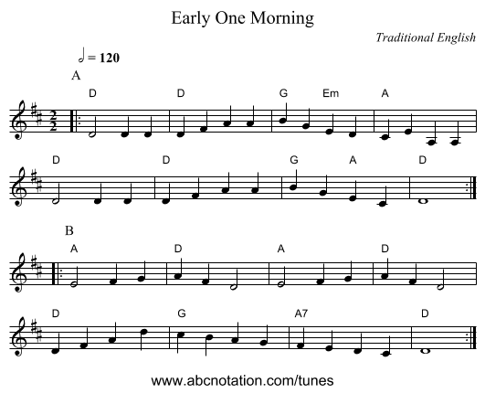 Early One Morning - staff notation