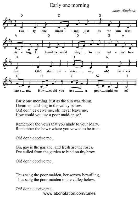 Early one morning - staff notation