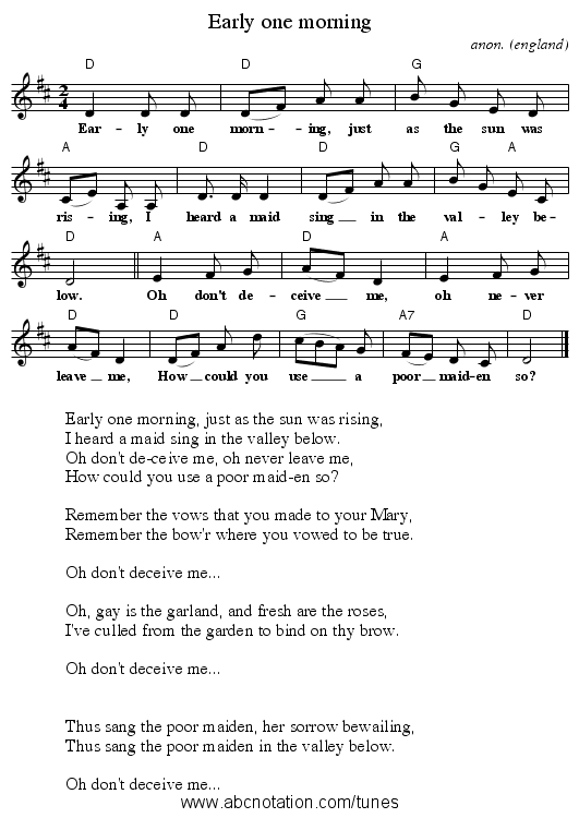 Early one morning - staff notation