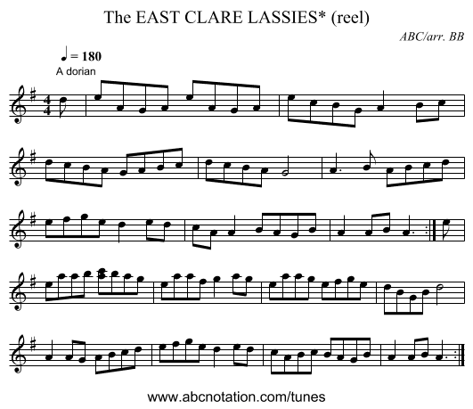 EAST CLARE LASSIES* (reel), The - staff notation