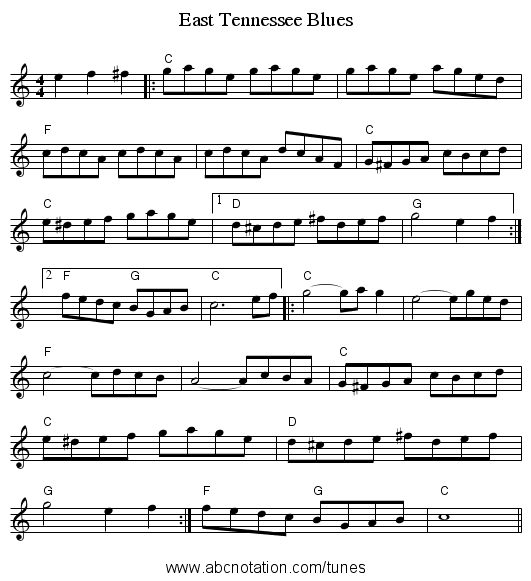 East Tennessee Blues - staff notation