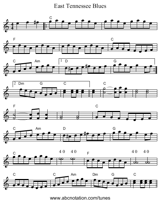 East Tennessee Blues - staff notation
