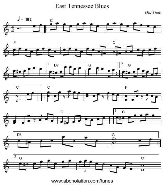 East Tennessee Blues - staff notation