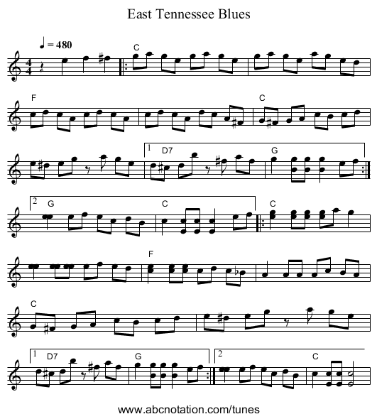 East Tennessee Blues - staff notation