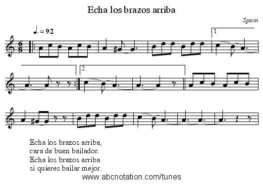 Echa los brazos arriba - staff notation