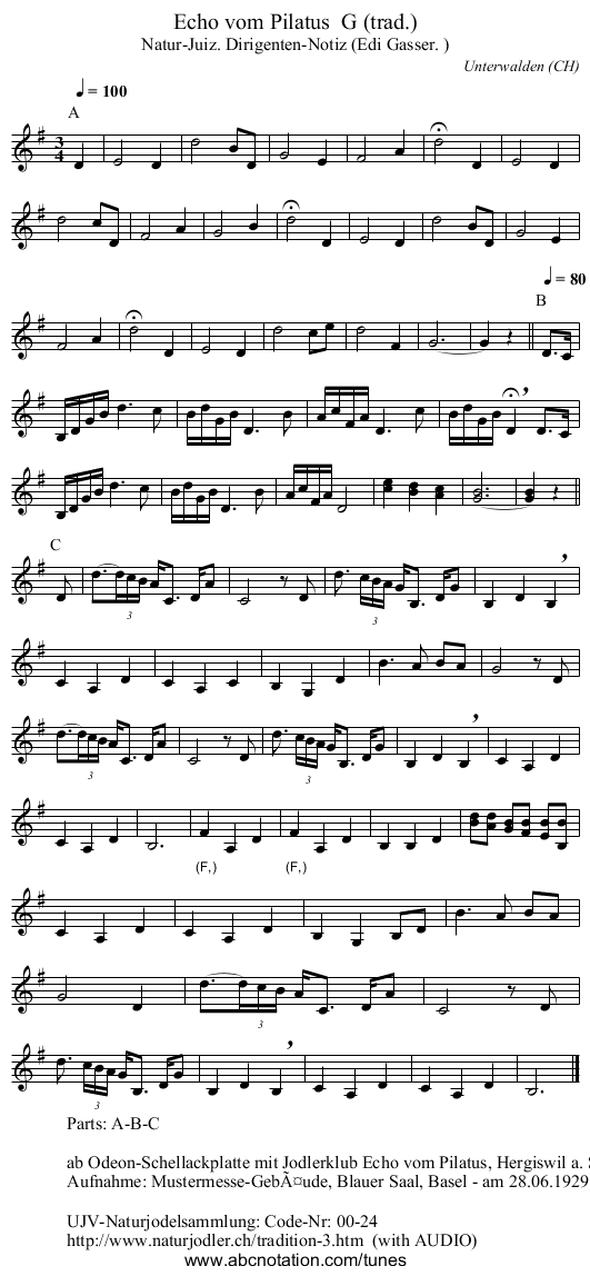 Echo vom Pilatus  G (trad.) - staff notation