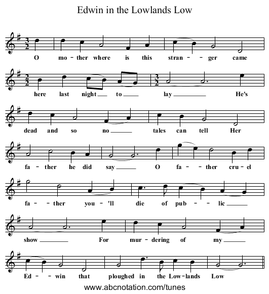 Edwin in the Lowlands Low - staff notation