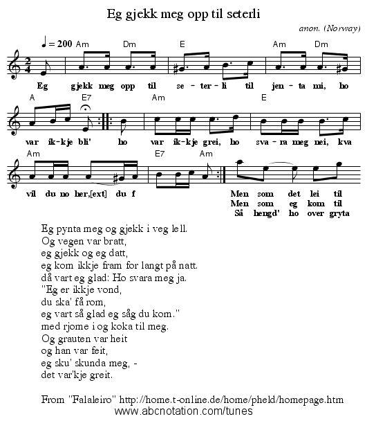 Eg gjekk meg opp til seterli - staff notation