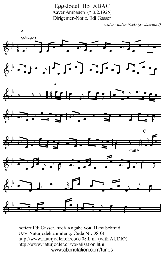 Egg-Jodel  Bb  ABAC - staff notation