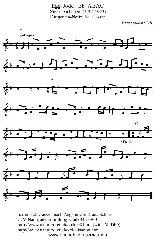 Egg-Jodel  Bb  ABAC - staff notation