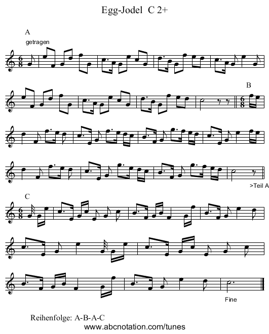Egg-Jodel  C 2+ - staff notation