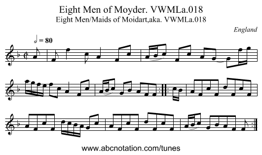 Eight Men of Moyder. VWMLa.018 - staff notation