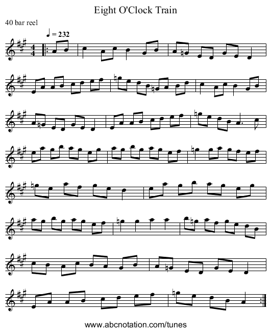 Eight O'Clock Train - staff notation