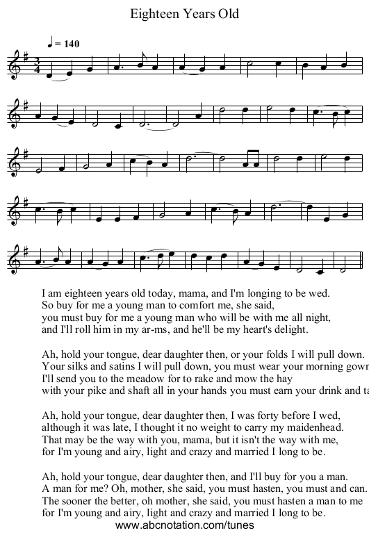 Eighteen Years Old - staff notation