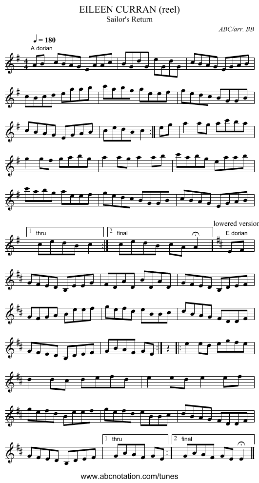 EILEEN CURRAN (reel) - staff notation