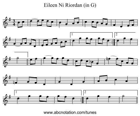 Eileen Ni Riordan (in G) - staff notation